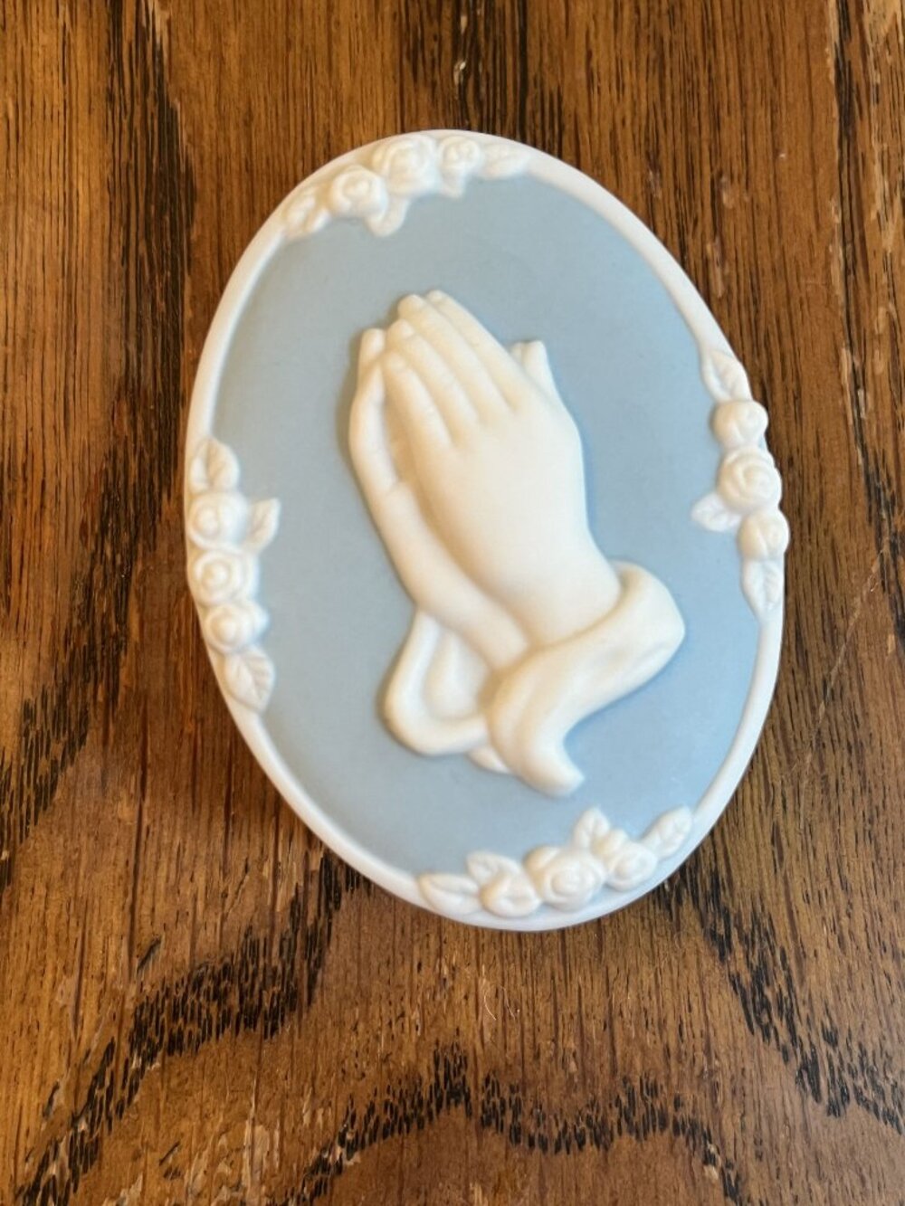 JCM Praying Hands Light Blue & White Oval Lidded Trinket Box With Floral Detail